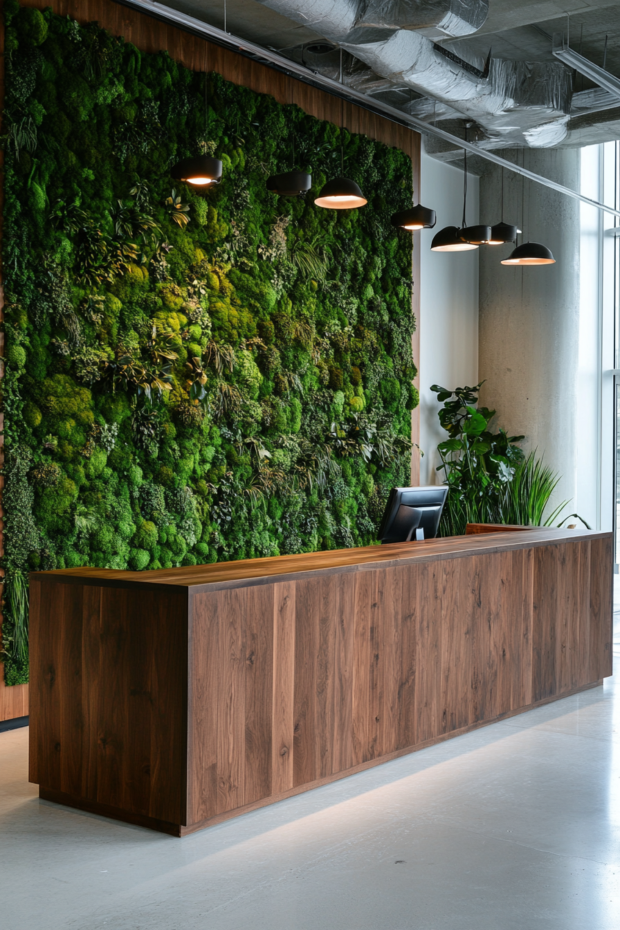 Yoga studio. Moss wall behind wooden reception desk.