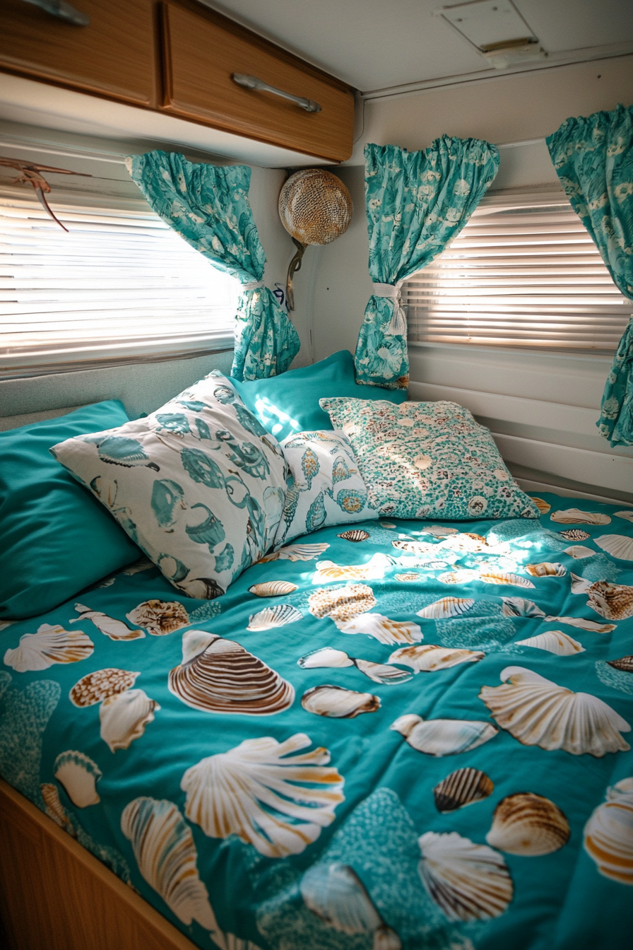 Ocean-themed camper sleeping area. Turquoise bedding with seashell patterned curtains.