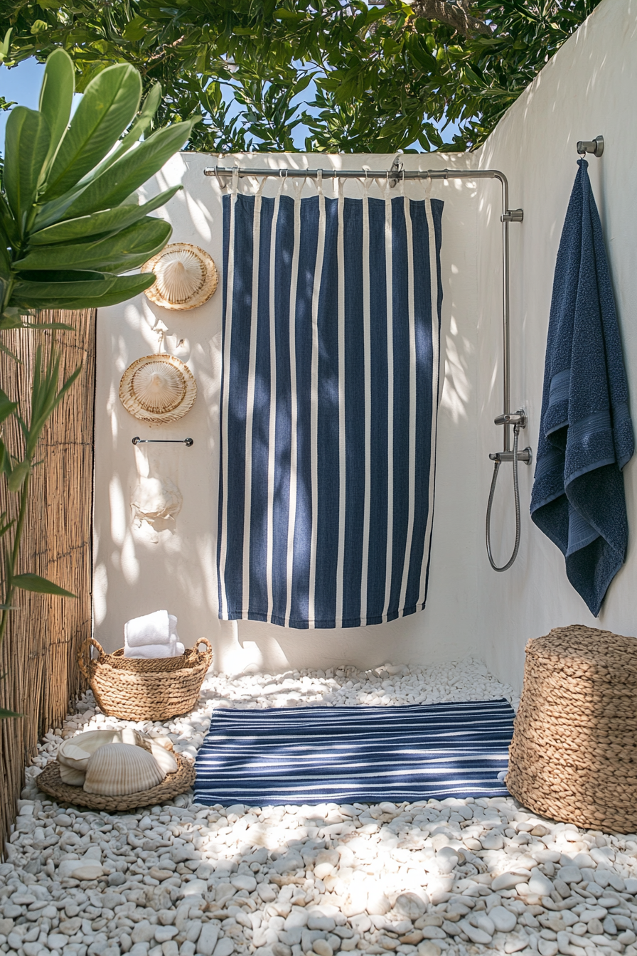 Outdoor shower setup. Whitewashed pebbled floor, navy-blue striped shower curtain, seashell accessories.