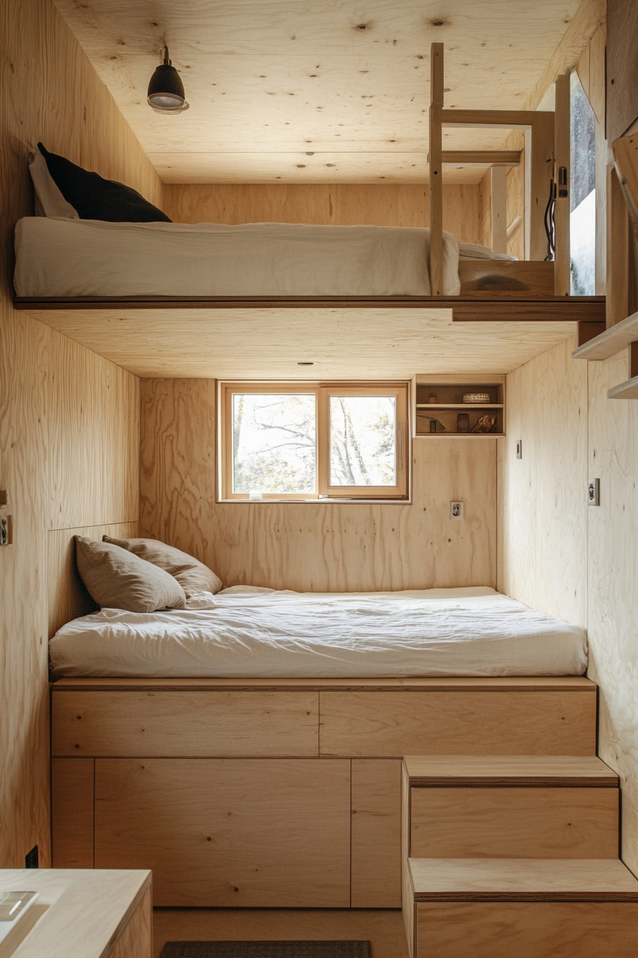 Tiny home interior. Japanese low futon bed with Scandinavian birch cabinetry.