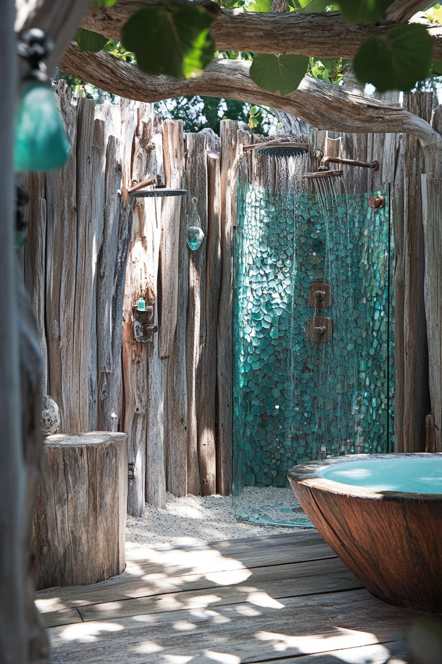 Outdoor shower setup. Driftwood enclosure with sea glass accents.