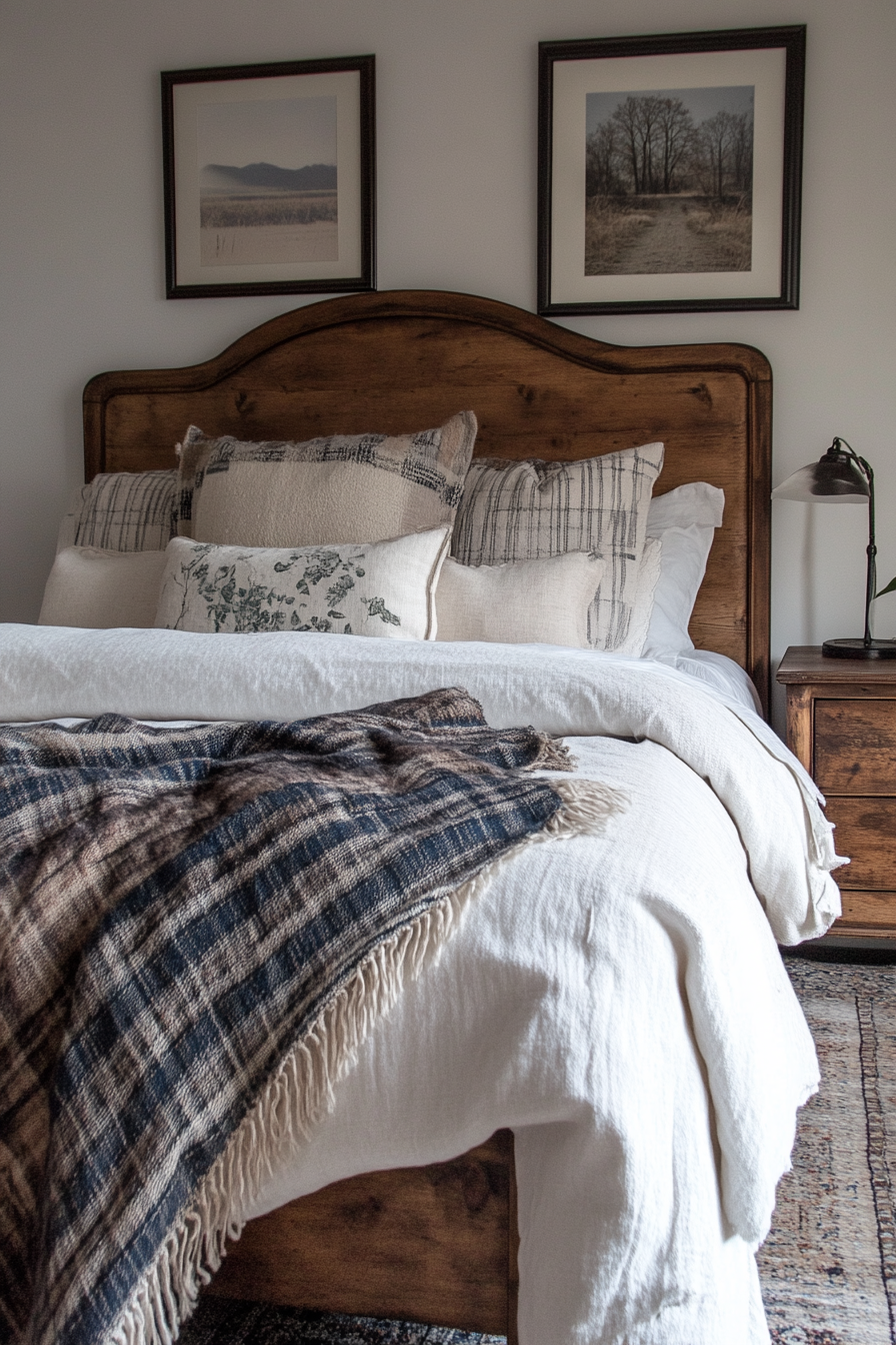 Fall bedroom. Art Deco furniture with rustic washed barnwood details.