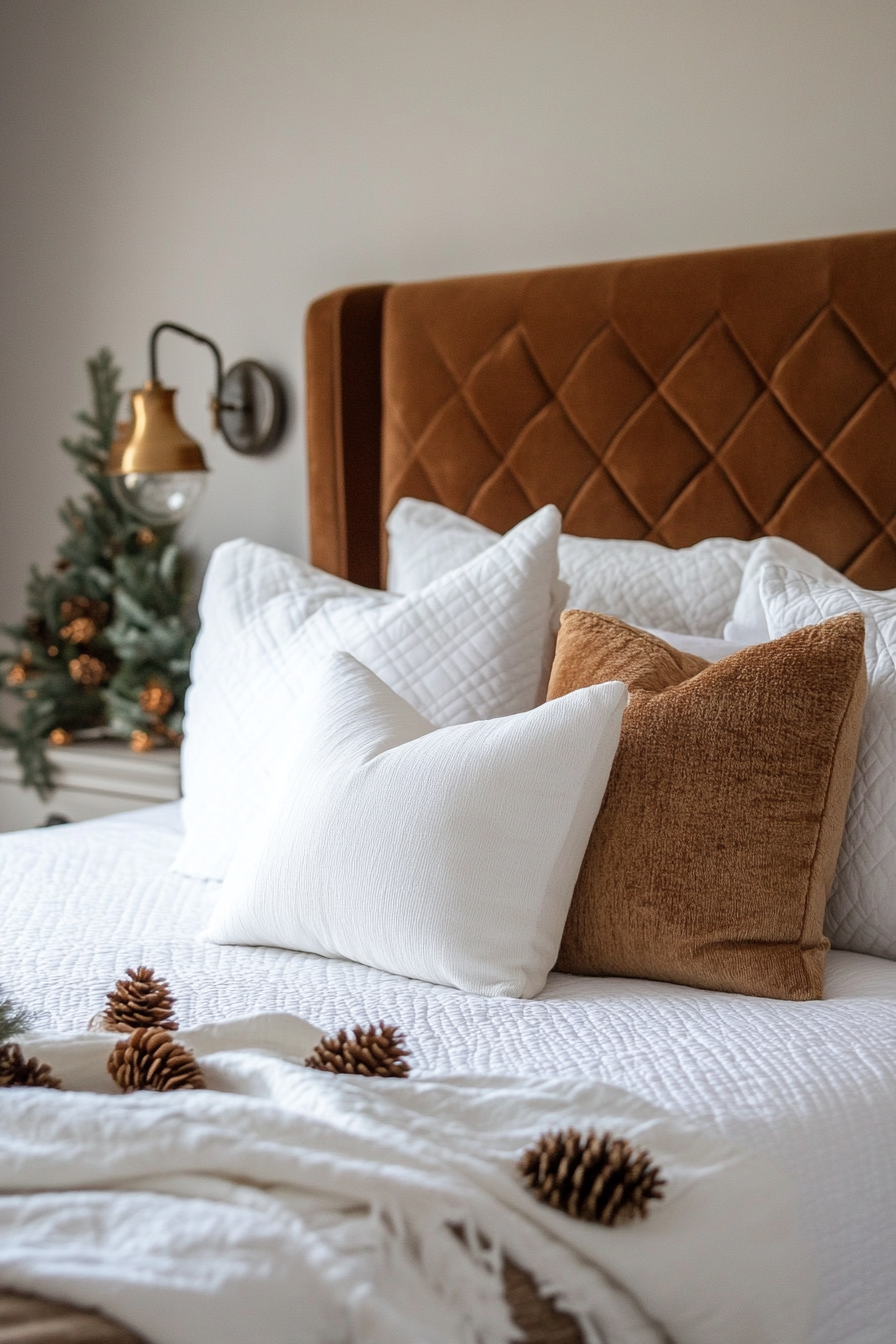 Art Deco-Rustic Fall Bedroom. A quilted velvet headboard, bronze sconces, white linens and Pinecone Garlands.