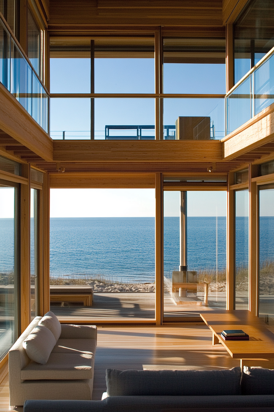 Compact beach house. Top-floor glass encasing with ocean view.