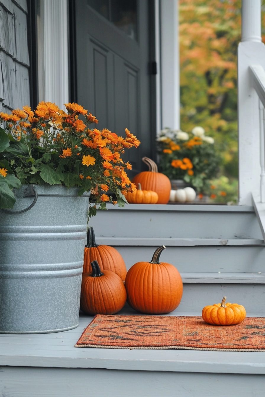 Fall porch. Pumpkins on steps, galvanized metal bucket, persimmon area rug.