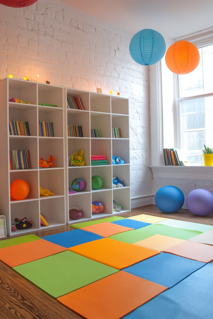 Kids' yoga area. Compact size, Montessori shelving, yoga mats in bright kid-friendly colors.