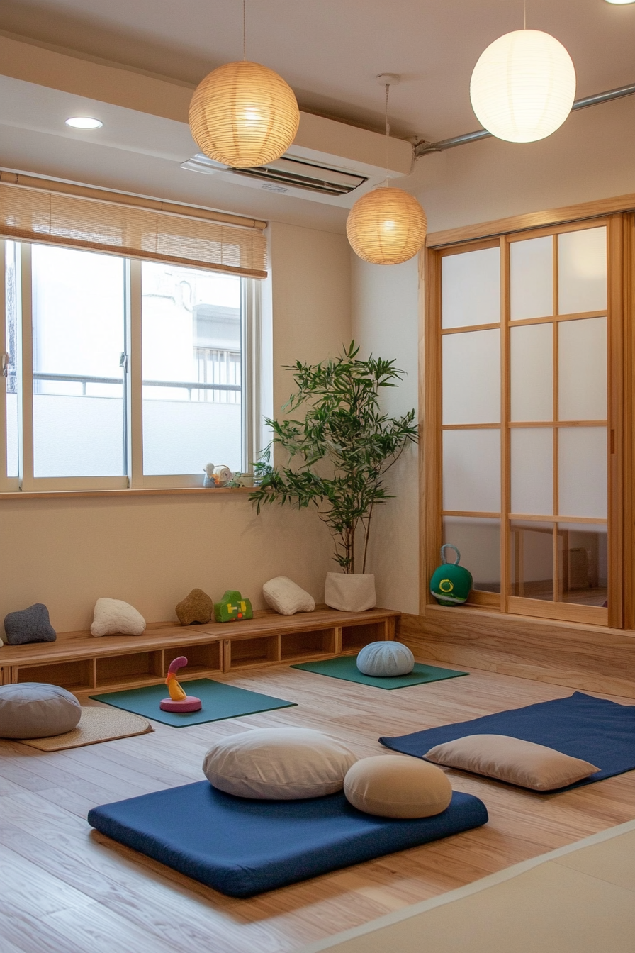 Kids' yoga area. Compact Matshared space with Montessori peace corner.