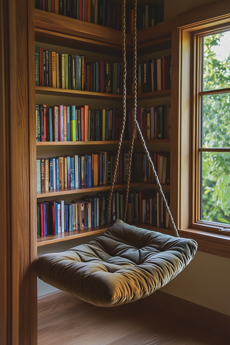 Child-sized library concept. Velvet floor cushion by oak book rack.