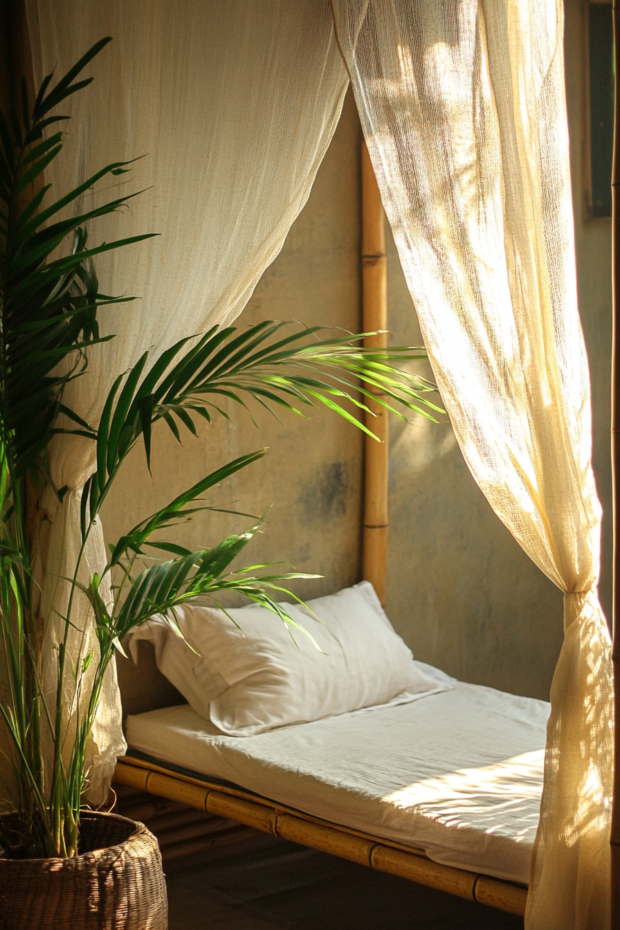 Sleeping nook. Mosquito net draped over bamboo frame with palm plant.