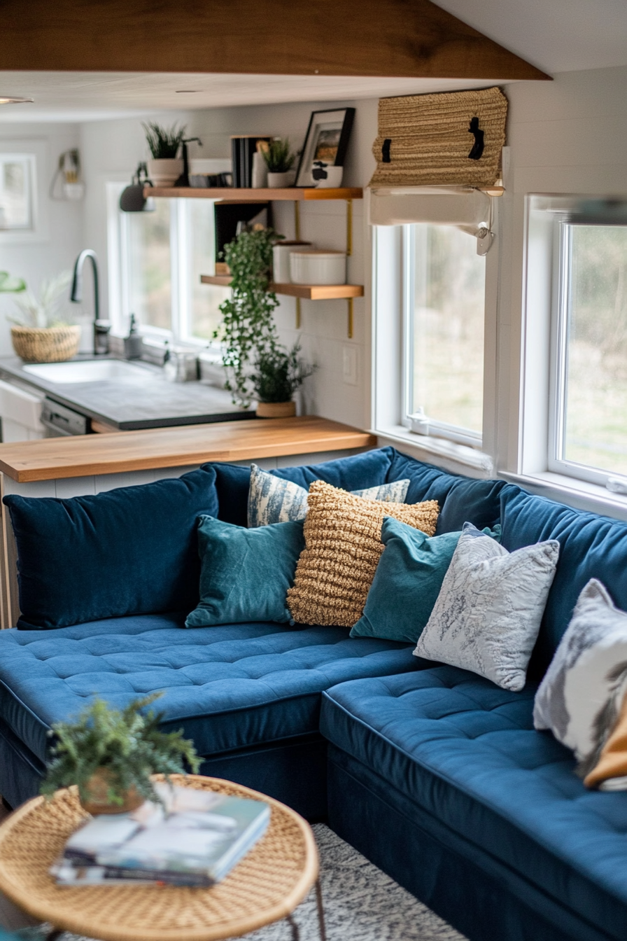 Upper level tiny home design. Velvet sofa with rattan corner shelf.