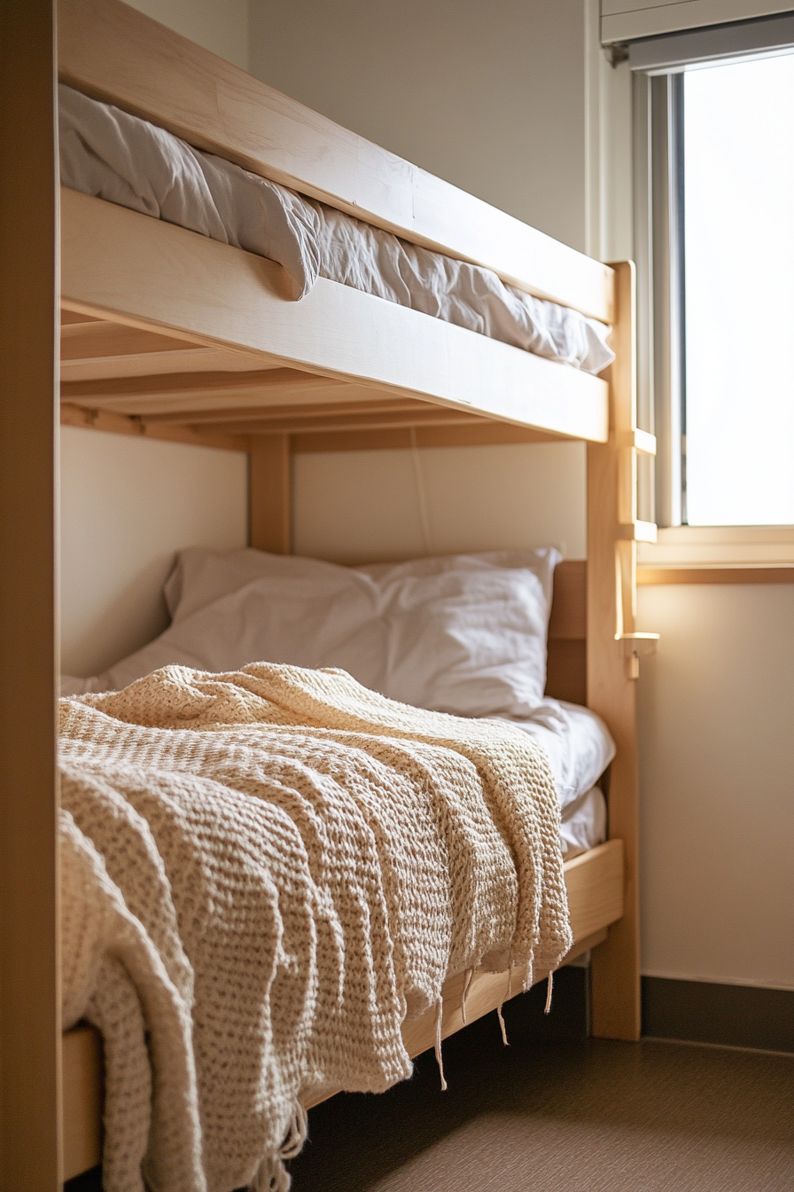 Student dorm room. Wooden futon with cream-colored woven cotton blanket.