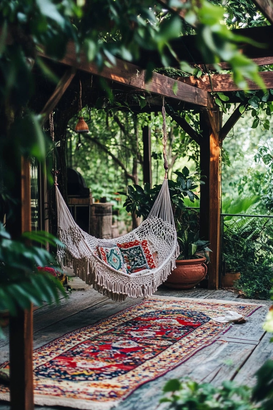 Bohemian patio. Macramé hanging chair, multicolored kilim rugs under leafy canopies.