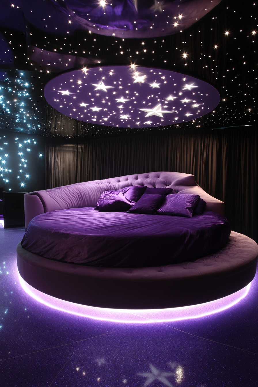 Celestial sleep space concept. Star-patterned retractable roof and purple satin circular bed.