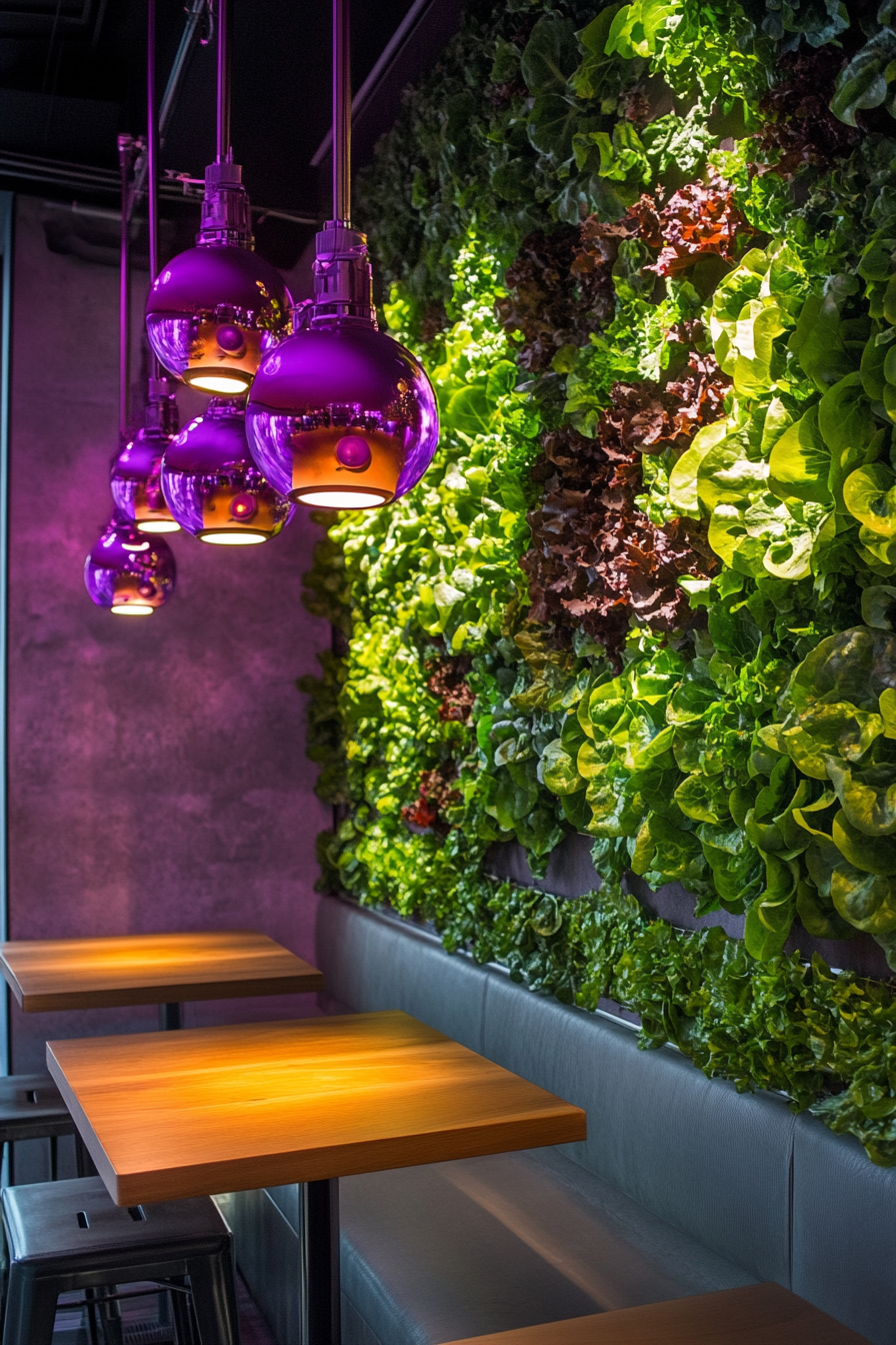 Living wall. Hydroponic lettuce under soft violet hued overhead lights.