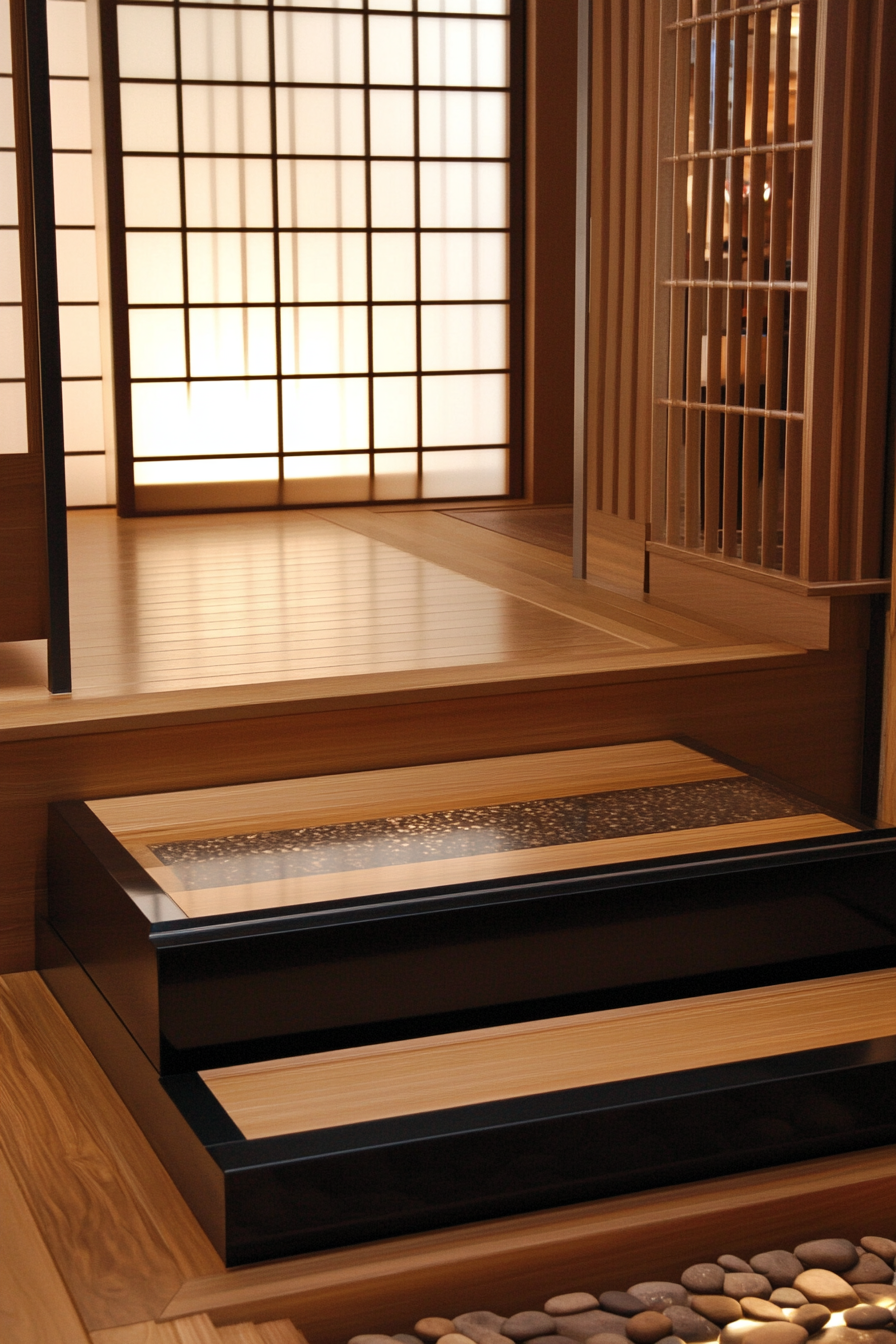 Elevated platform concept. Wooden platform with black trimmed sliding Shoji screens.