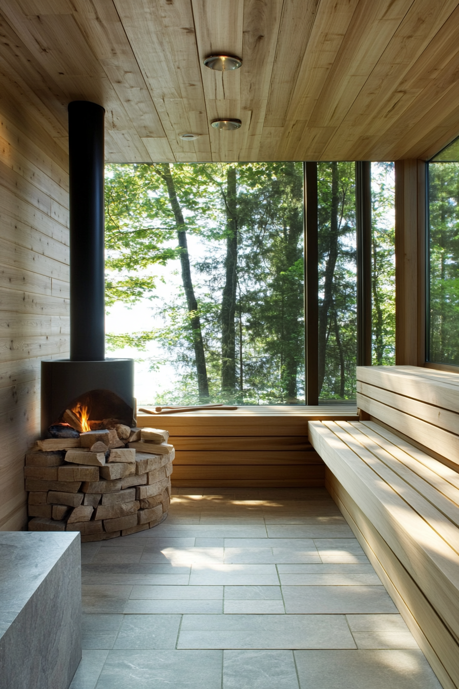 Sauna room design. Wood-burning stove with cedar tiered benches.