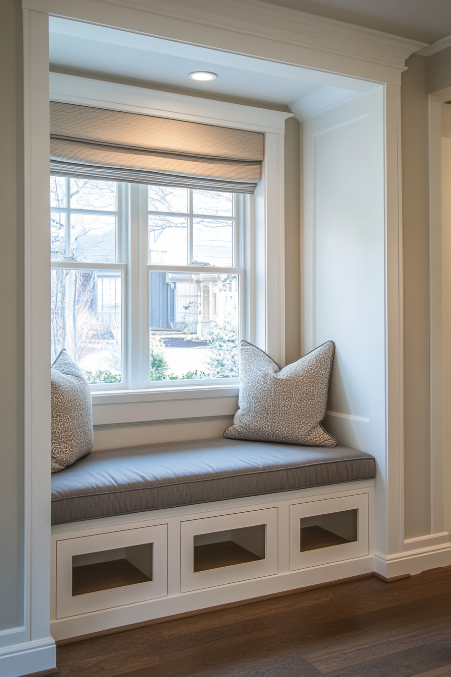 Window alcove concept. Floating bench with grey upholstery and recessed storage compartments.