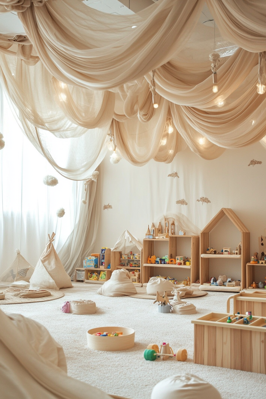 Dreamy play areas. Silk layered canopies with wooden toy displays.