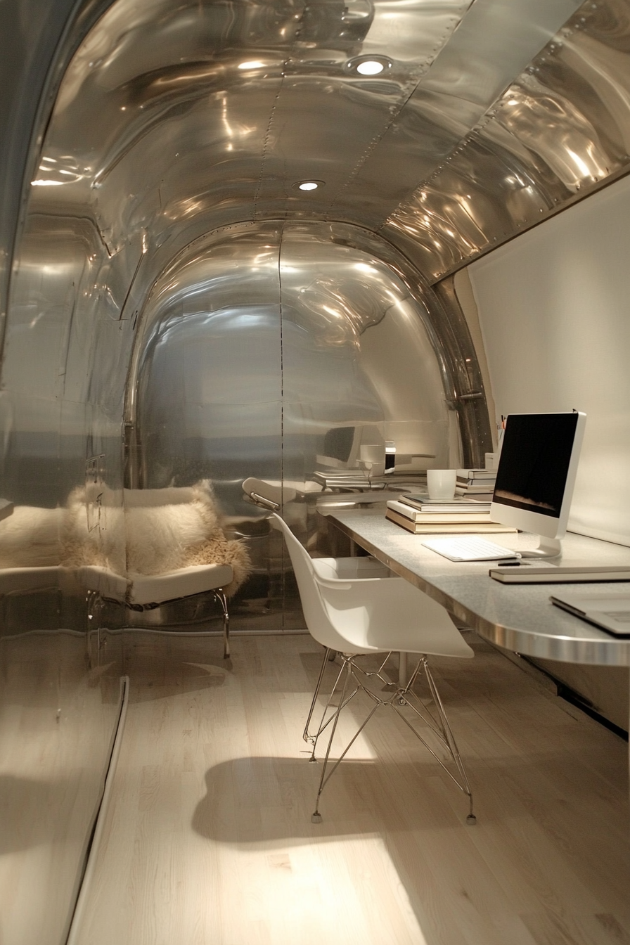 Sleek mobile office. Metallic airstream converted into a minimalist workspace.