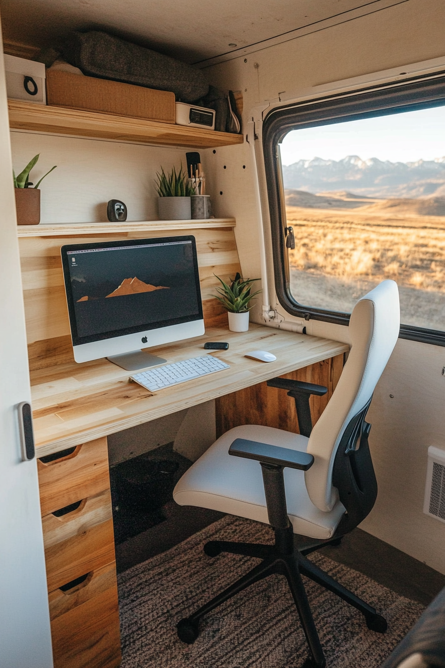 Remote Work Camper Interior. Minimalist plywood desk with ergonomic white office chair.