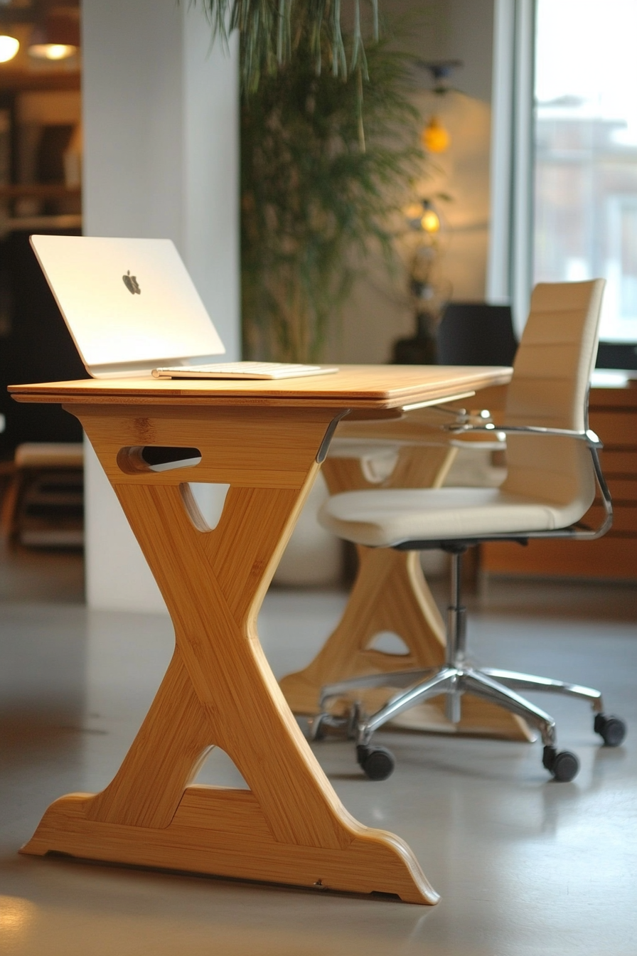 Mobile workspace design. Bamboo standing desk with neutral-toned office chair.