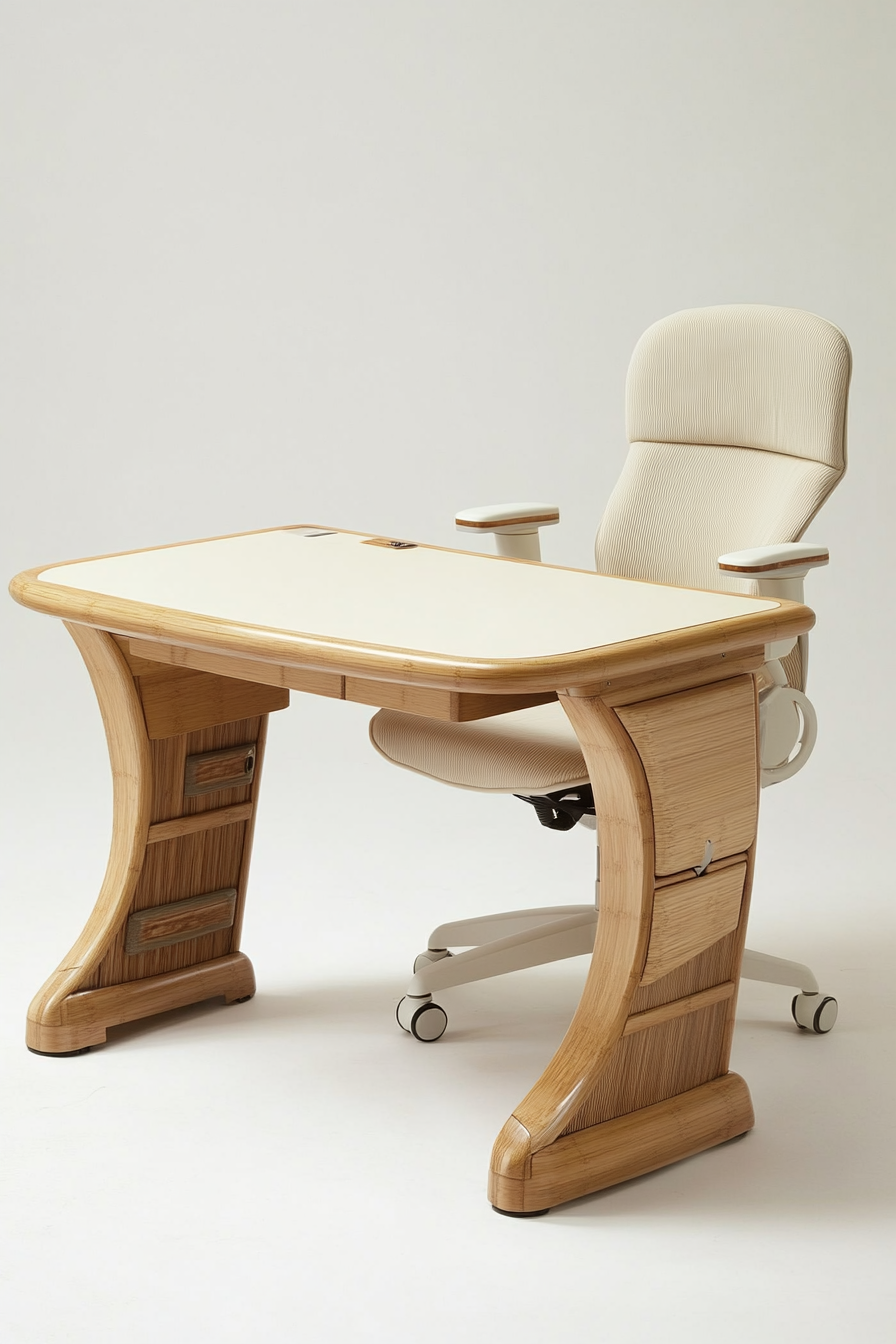 Mobile workspace design. Bamboo desk with cream ergonomic chair.