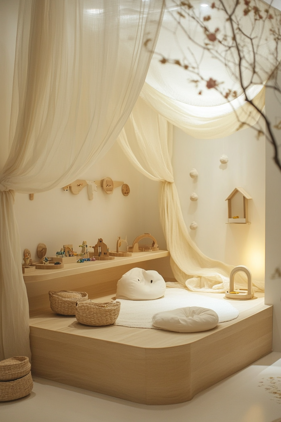 Dreamy play area. Silk canopy over natural wooden toy display.