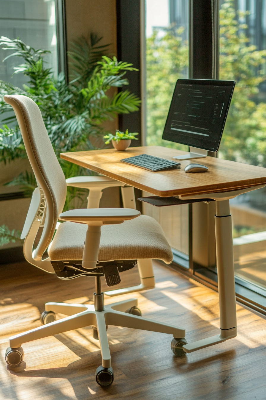 Mobile workspace design. Bamboo desk with cream-colored ergonomic chair.