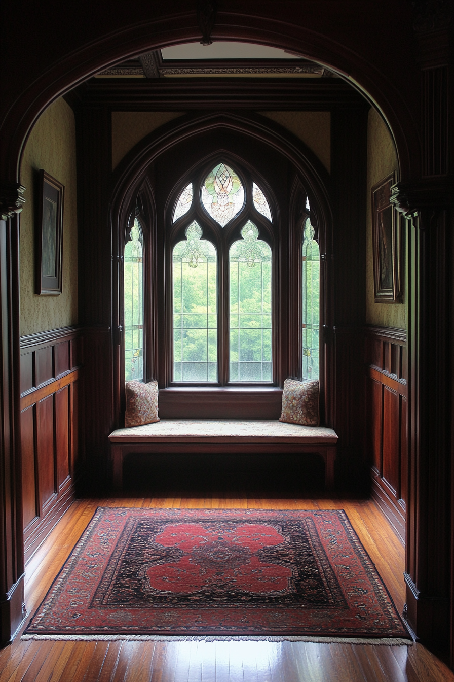 Micro living idea. Pointed arch window with Edwardian dark wood paneling.