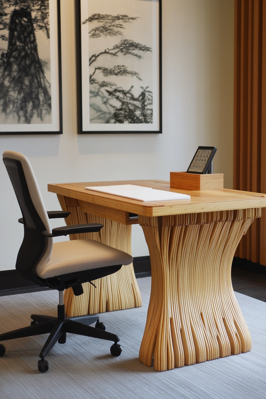 Mobile workspace design. Bamboo desk with neutral-toned ergonomic chair.