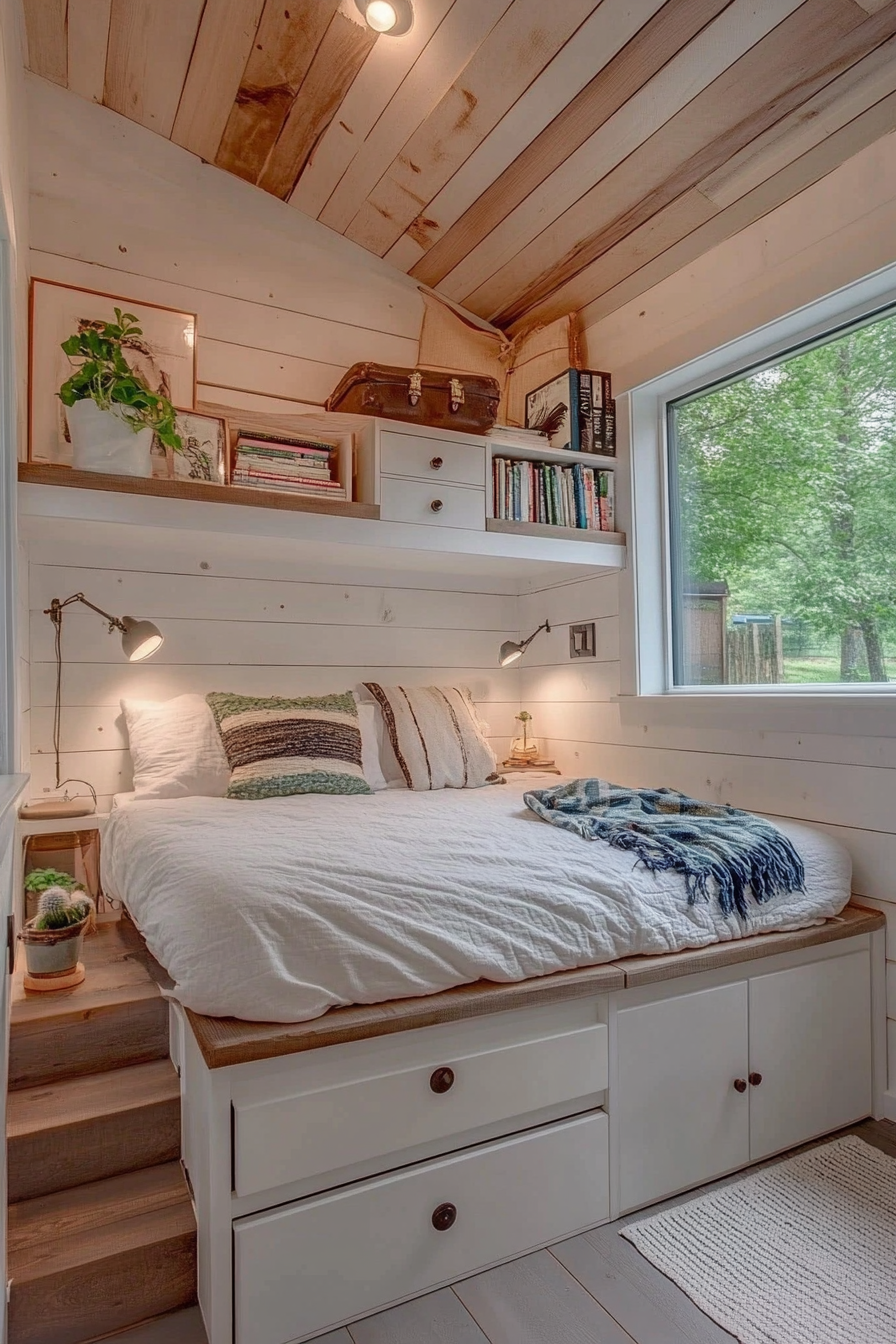 Tiny house bedroom. Wall-mounted wooden nightstands and white hidden storage bed.