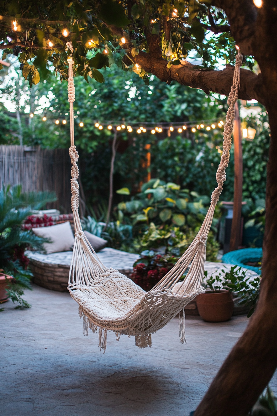 Bohemian patio. Macramé hanging chair under azure fairy lights.