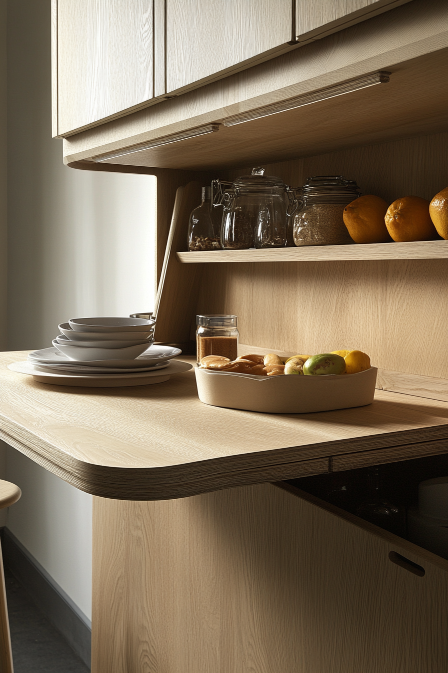 Dining table for small spaces. Folding oak surface with concealed storage.