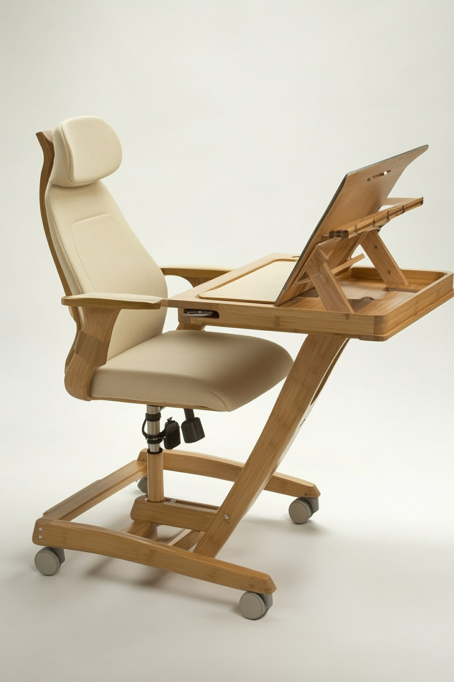 Mobile workspace design. Bamboo desk with beige ergonomic chair.