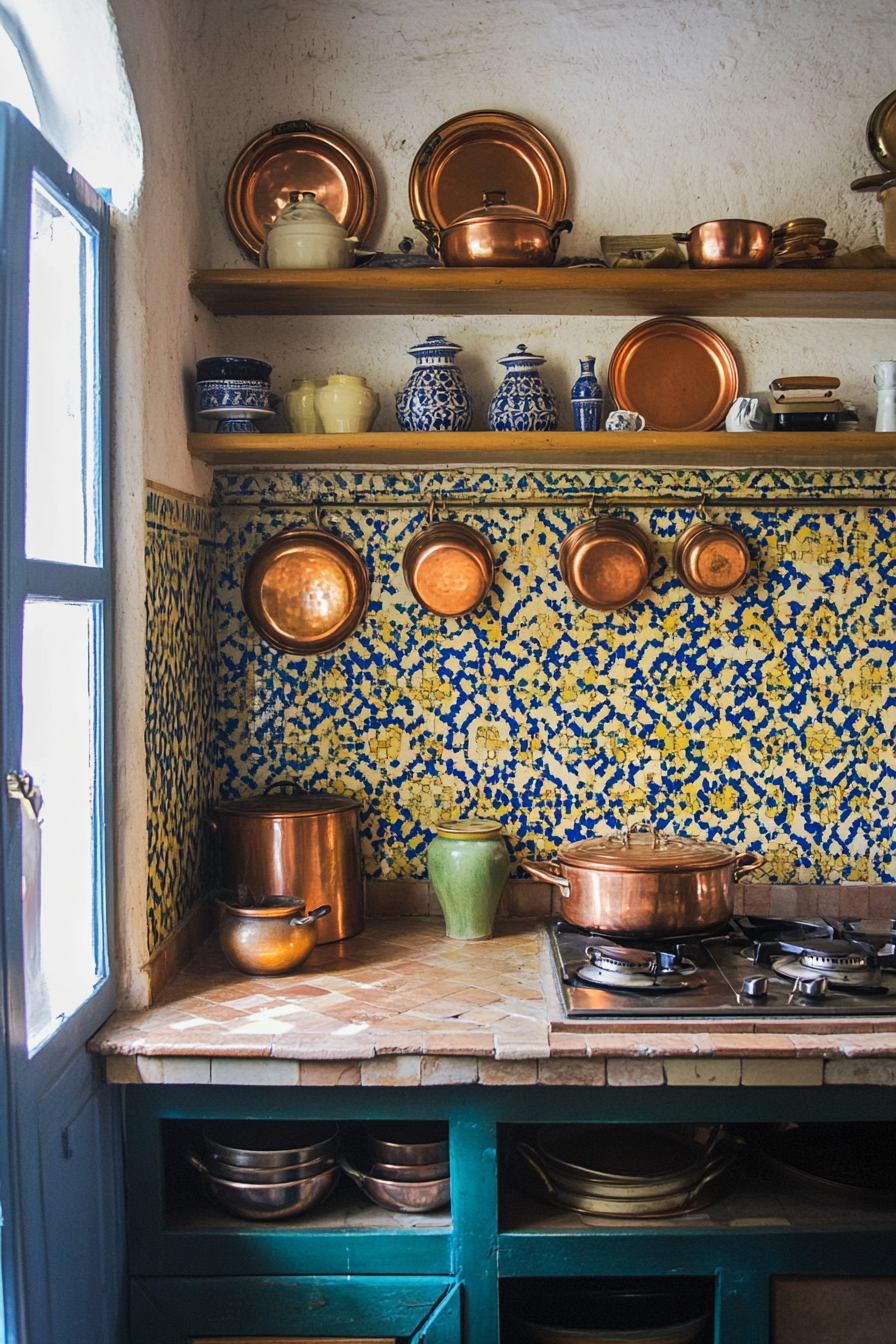 Small kitchen. Moroccan tile backsplash with copper cookware.