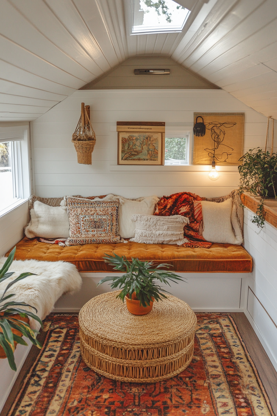 Bohemian Tiny Home Upper Level Design. Velvet corner couch with a rattan coffee table.