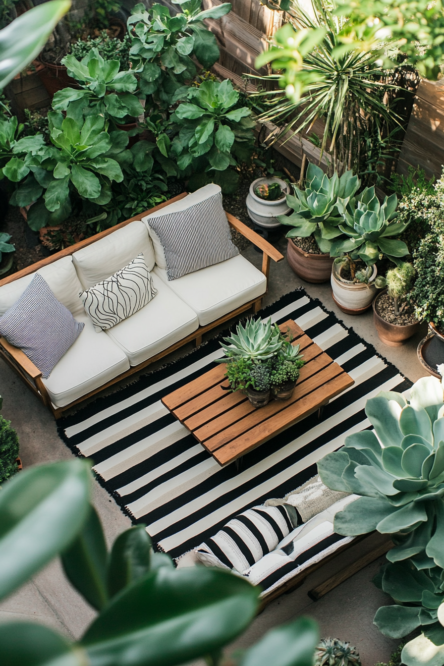 Tiny house roof terrace layout. Succulents surrounding black and white striped rug.