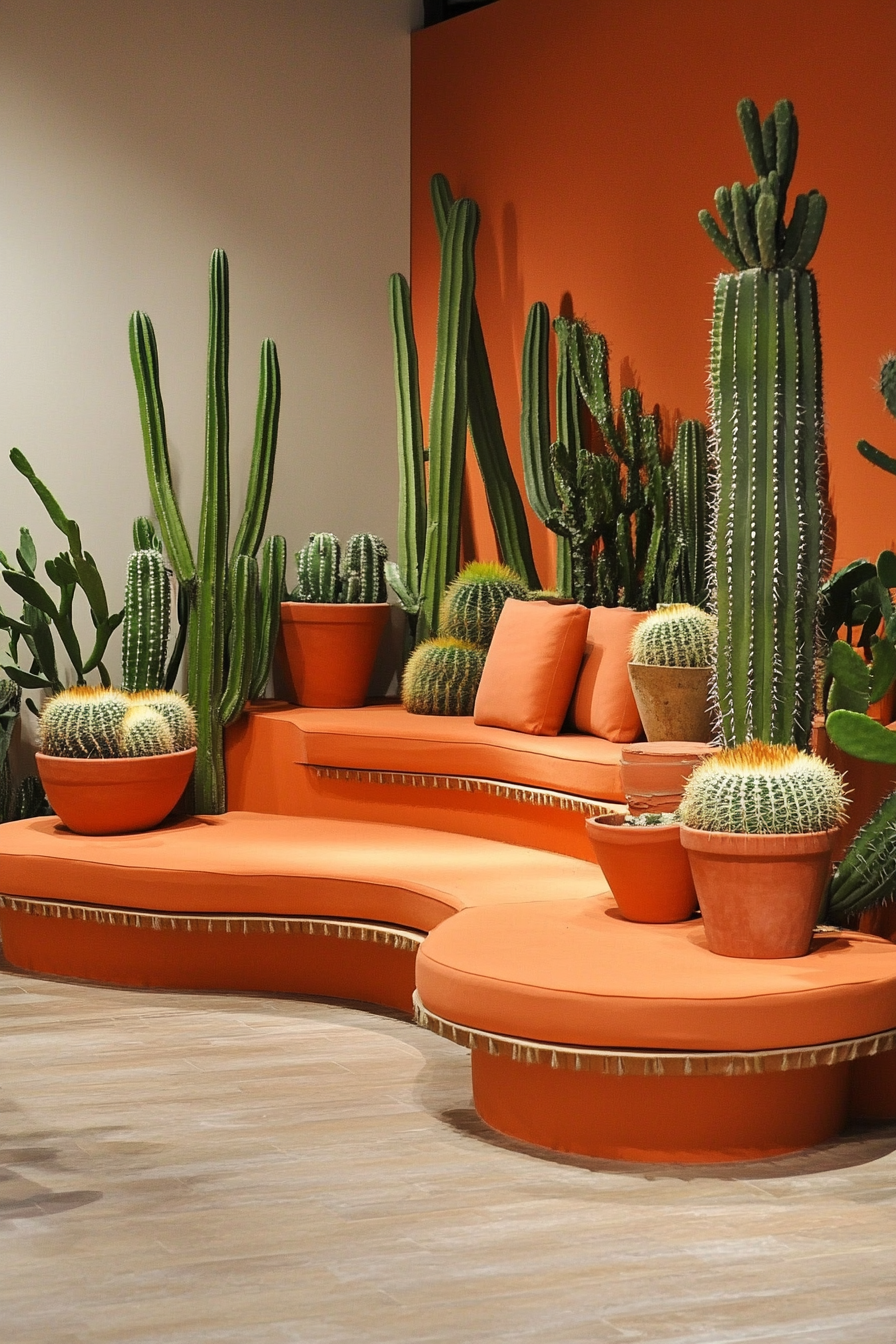 Space with cacti display. Ceramic pots and terra-cotta colored cushioned modular seating.