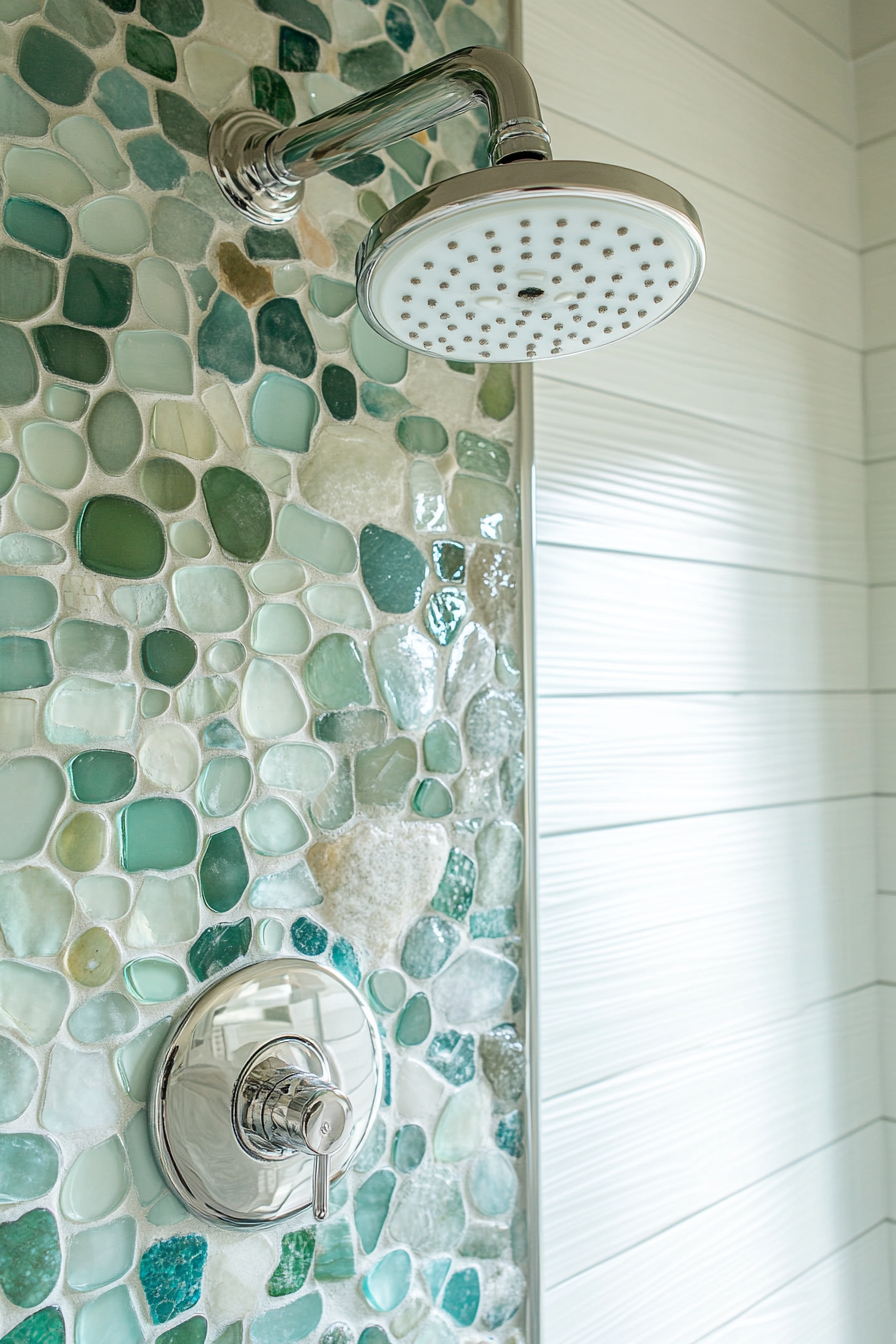 Tiny beach house shower. Mosaic sea glass tiles with rainfall shower head.