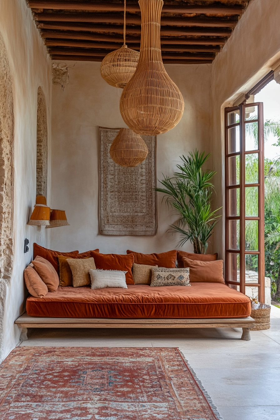 Bohemian upper level design. Velvet daybed with rattan pendant lights.