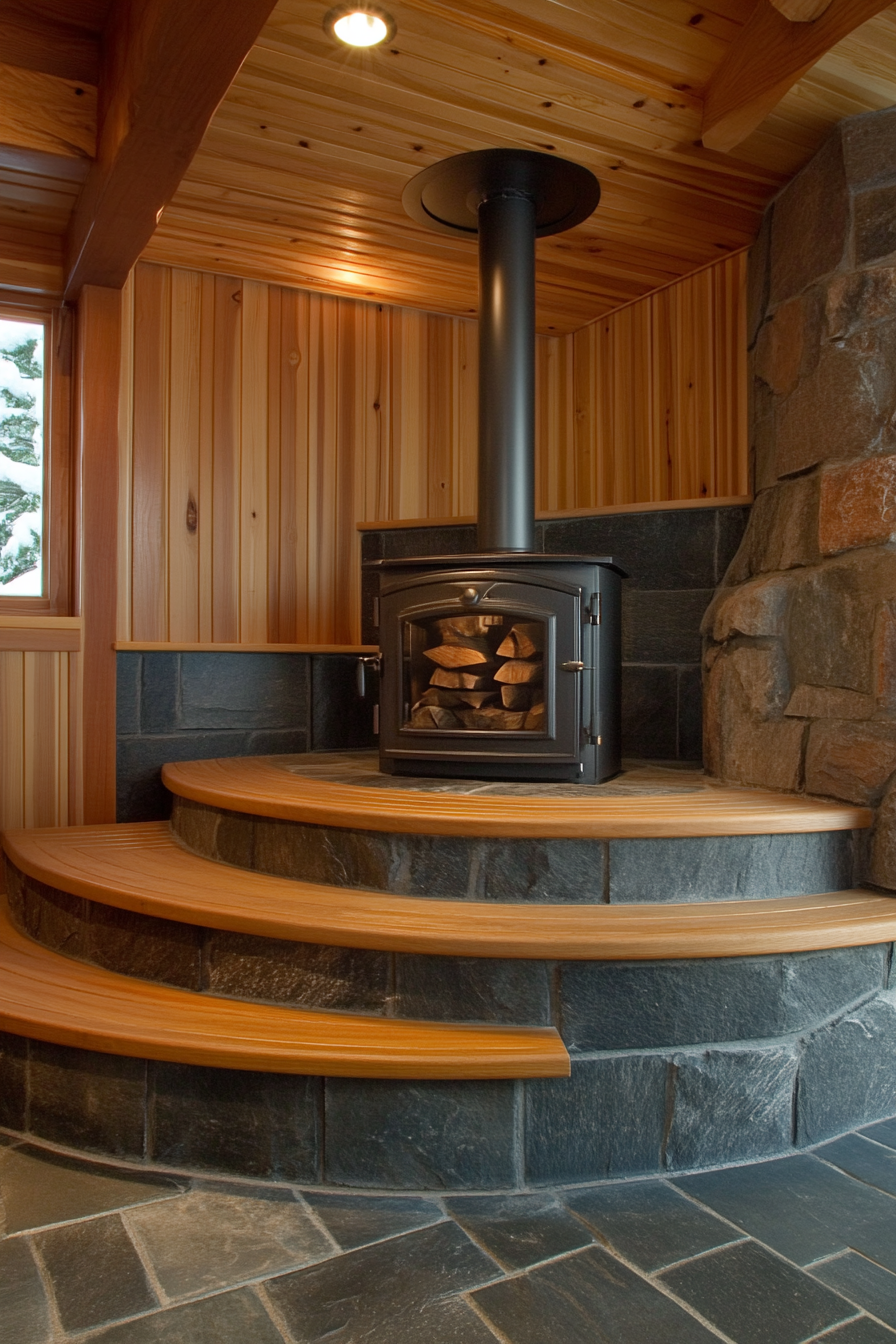 Sauna room design. Cast-iron wood-burning stove and cedar tiered benches.