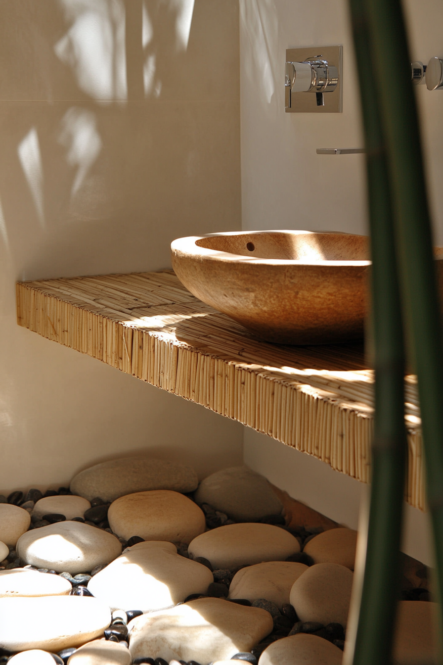 Tiny eco-bathroom concept. Bamboo sink vanity with river rock floor.