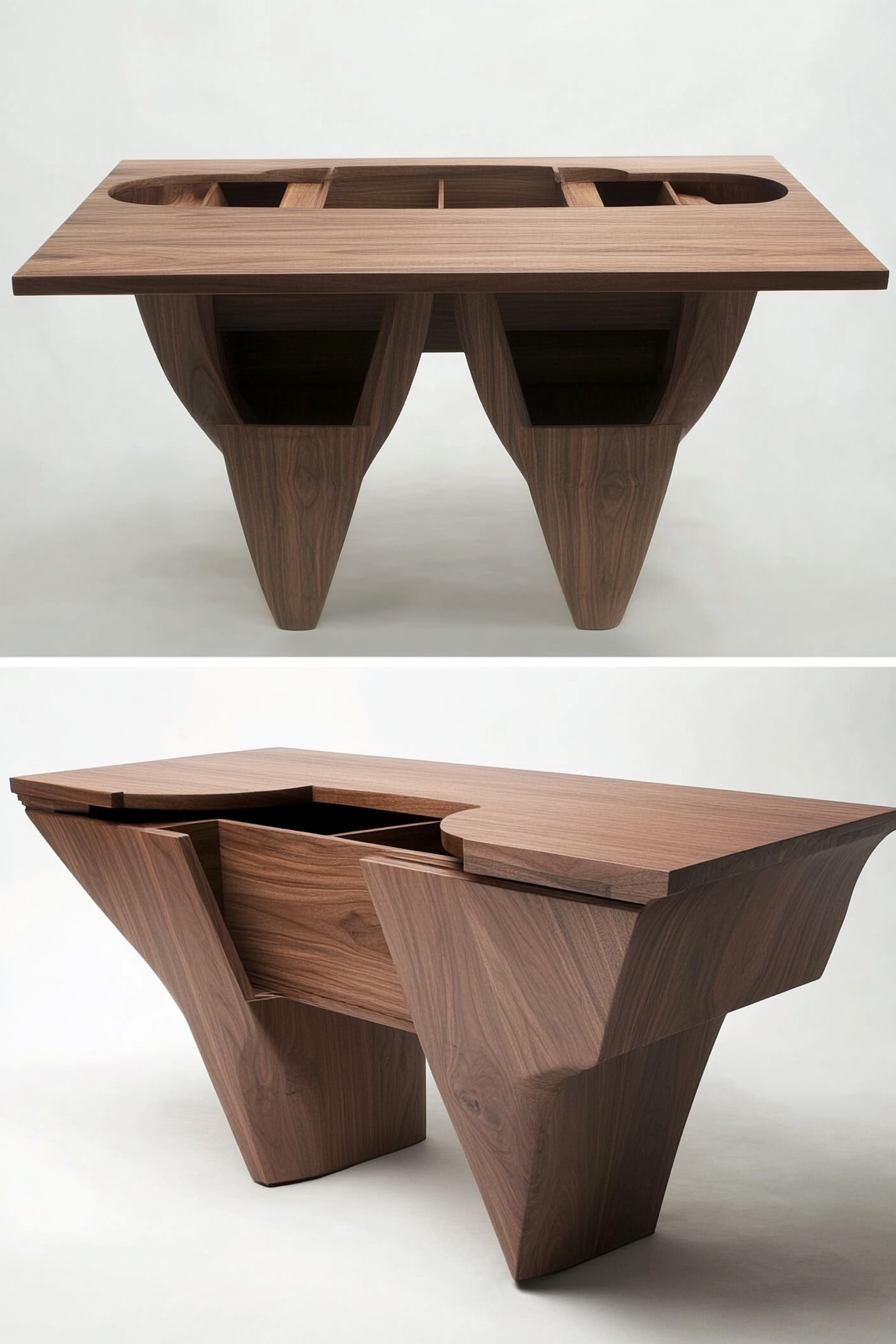 Dining table for small spaces. Rectangular surface, dark oak, hidden compartment under table top.