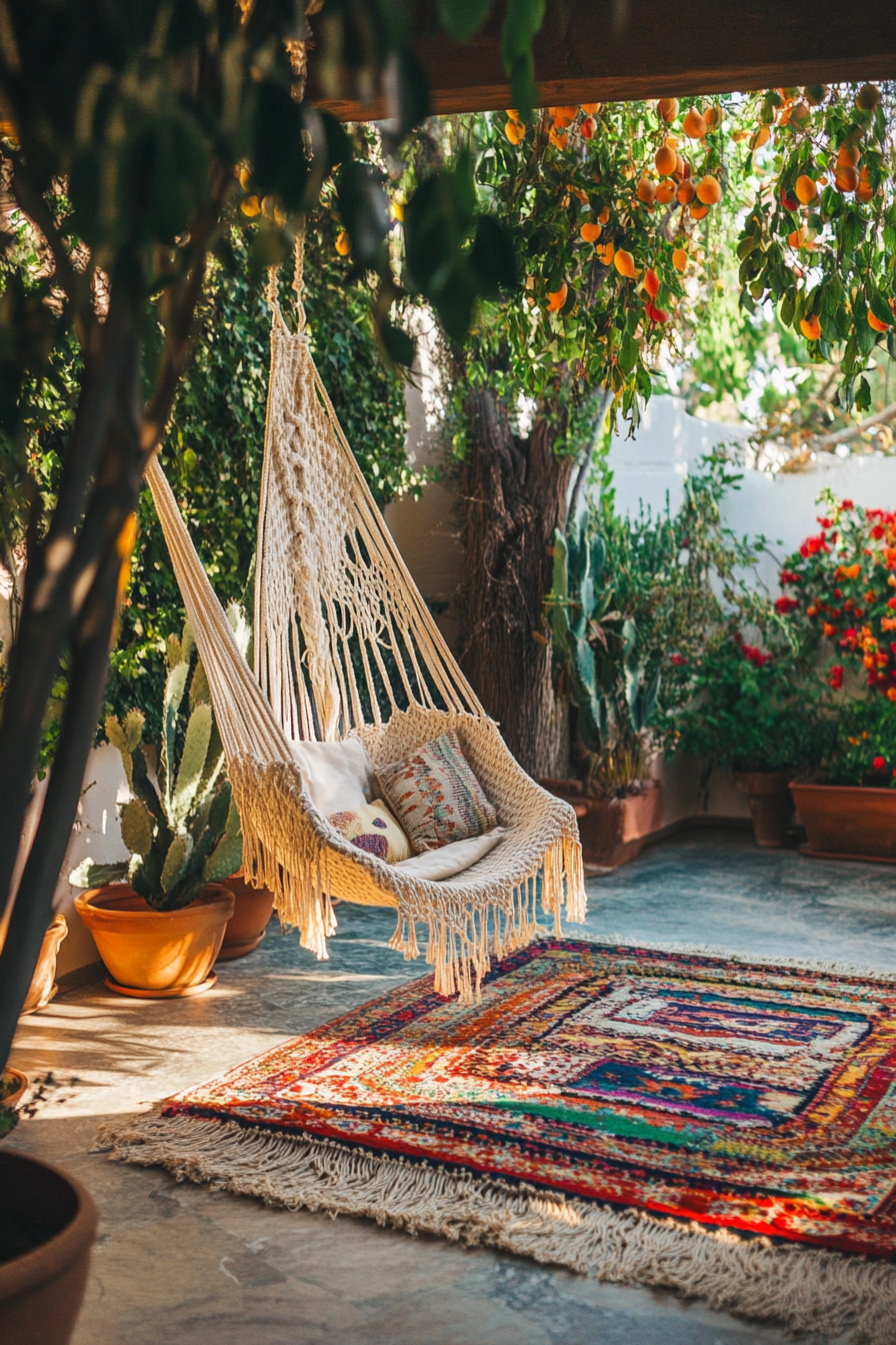 Bohemian patio. Macramé hanging chair overlooking multicolored kilim rugs.