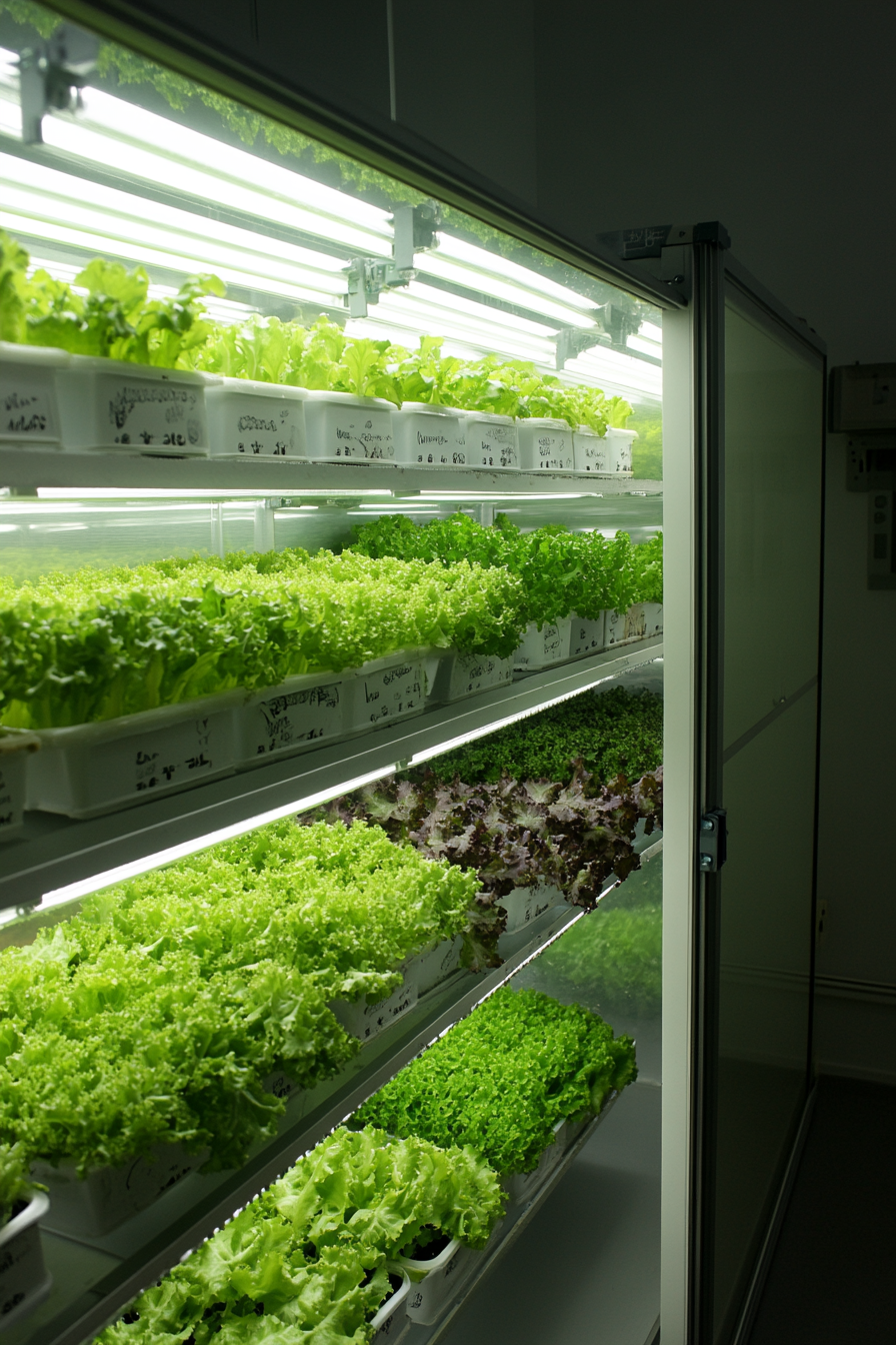 Wall-mounted nutrient film technique system. PVC channels controlling lettuce growth.