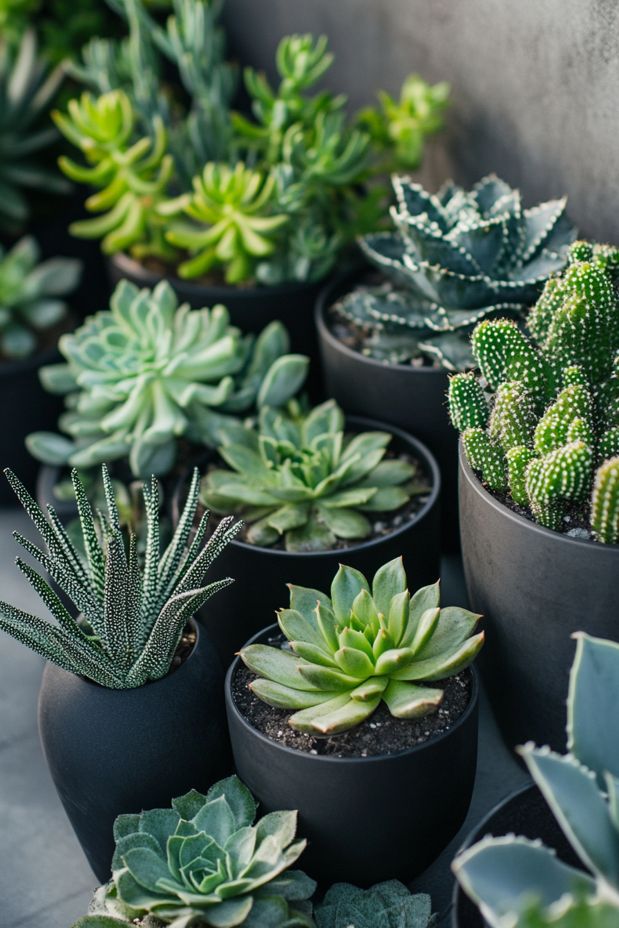 Tiny house roof terrace layout. Lush monochrome succulents in black pots.