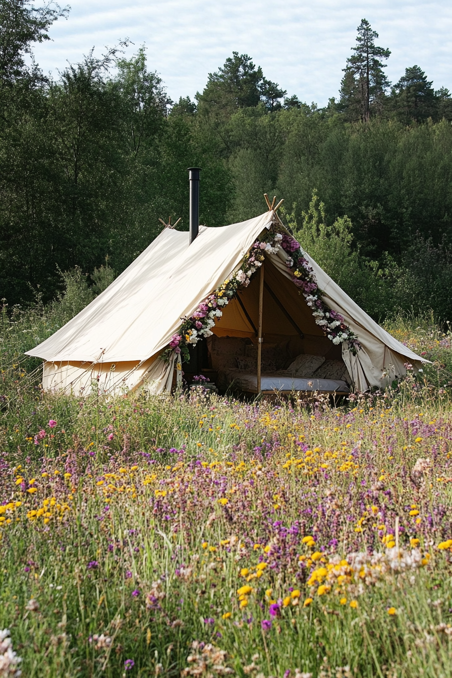 Outdoor space. Canvas tent with floral garlands amidst wildflowers.