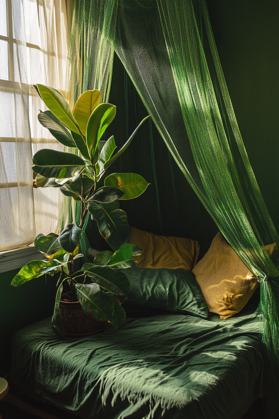 Sleeping nook. Olive green mosquito net and variegated rubber plant.