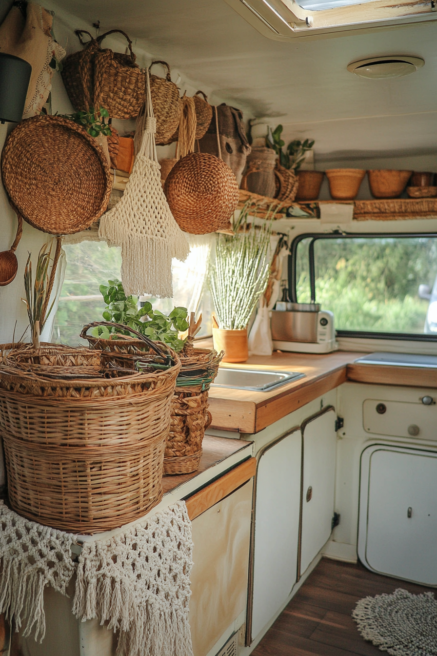 Bohemian camper kitchen. Rattan baskets with macramé hangings.