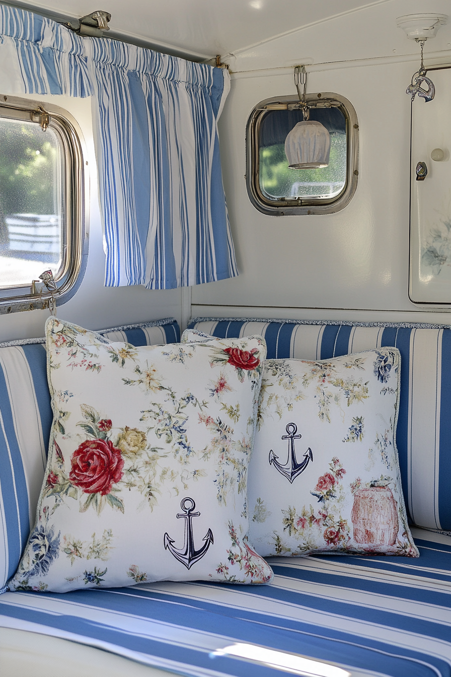 Camper design. Chintz and blue stripes detail with nautical anchor throw pillows.